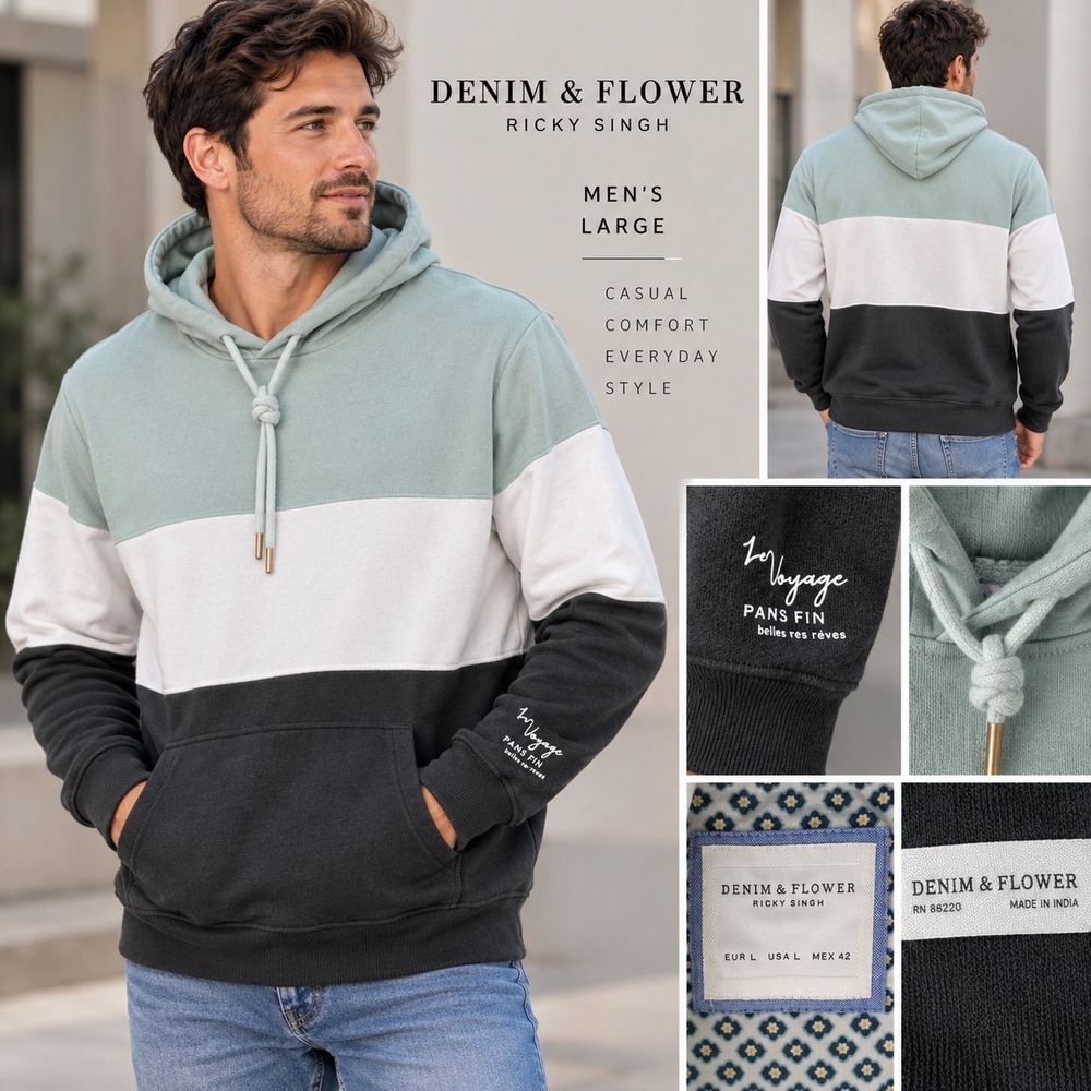 Denim & Flower Ricky Singh Mens Colorblock Hoodie Sage White Black Large